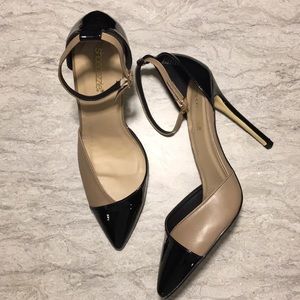 SHOEDAZZLE size US10 pointy toe heel, tan & black